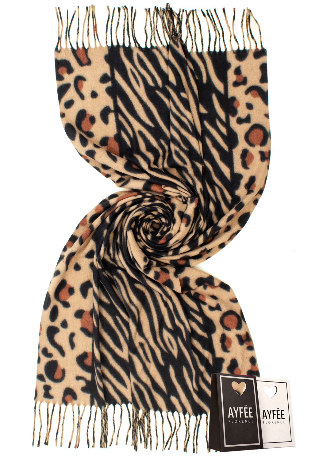 STOLA STAMPA ZEBRA+ LEO,  CM 70*180, 100% VI, MADE IN PRC          - BLACK
